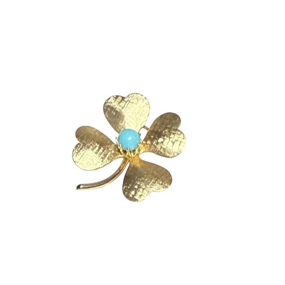 Vintage Gold Tone Clover Leaf Brooch with Turquoise Blue Cabochon Center - Picture 5 of 7